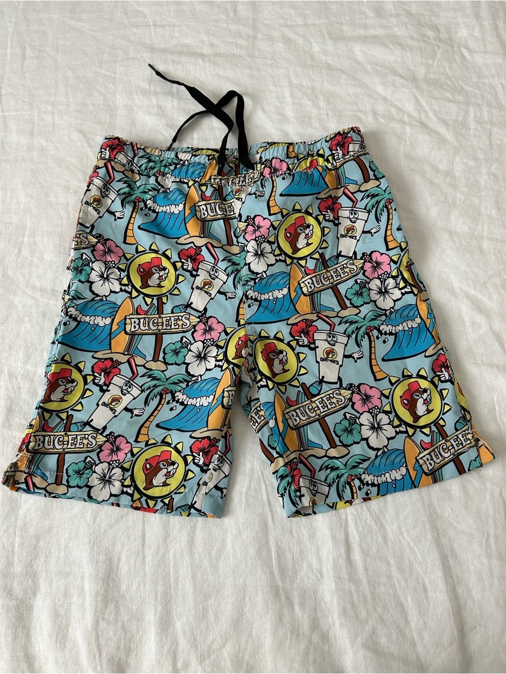 Buc-ees Beaver Boys Swim Trunks Shorts Palm Trees Beach Tropical Cartoon, Sz. YS